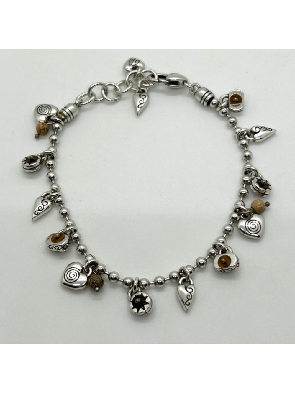 Vintage Brighton Tiddlywinks Silver Heart Charm Jasper Bead Ball Chain Bracelet